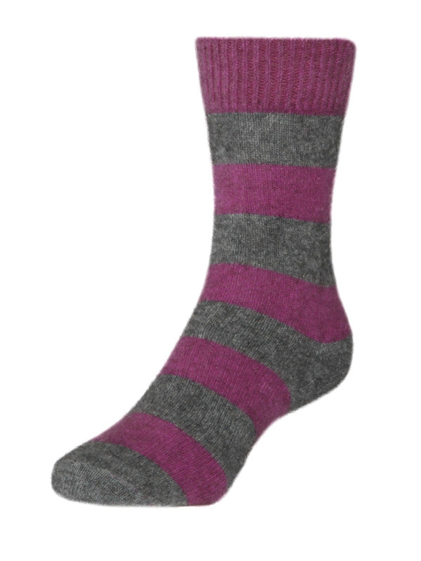 Striped Possum socks. Colour Fuschia/Riverstone. White background.