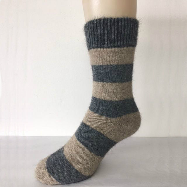 Striped Possum socks, side view. Colour Riverstone/Natural