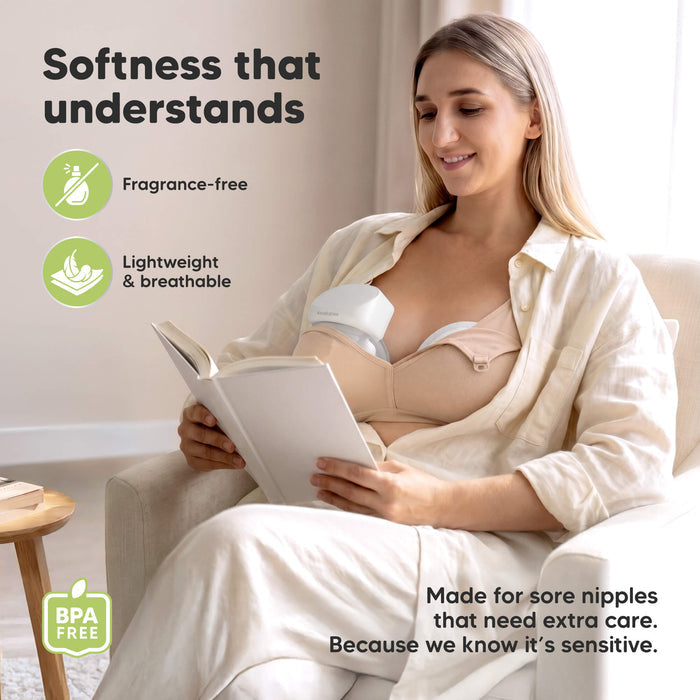 Softness that understands - Fragrance-free, Lightweight & breathable, and BPA Free (Made for sore nipples, that need extra care. Because we know it's sensitive.)