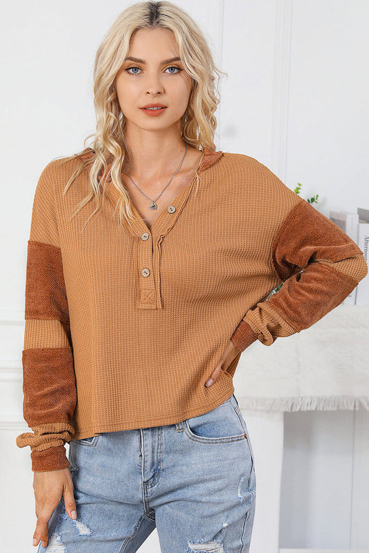 Contrast Patched Exposed Seam Waffle Knit Henley Top - ORANGE / S / 95% POLYESTER + 5% ELASTANE - Tops/Long Sleeve Tops