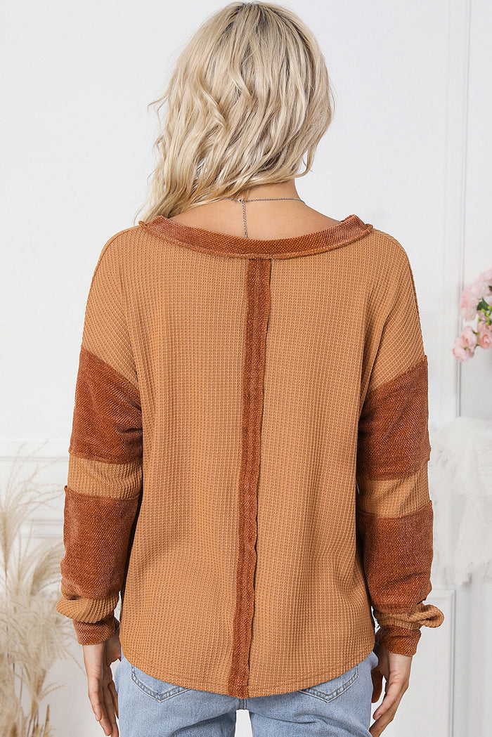 Contrast Patched Exposed Seam Waffle Knit Henley Top - Tops/Long Sleeve Tops