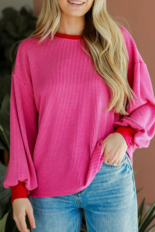 Corded Contrast Edge Drop Shoulder Long Sleeve Top – Bright Pink