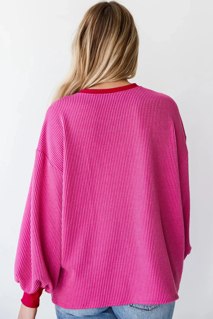 Corded Contrast Edge Drop Shoulder Long Sleeve Top – Bright Pink