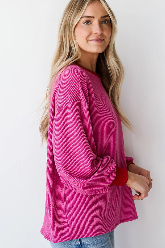 Corded Contrast Edge Drop Shoulder Long Sleeve Top – Bright Pink