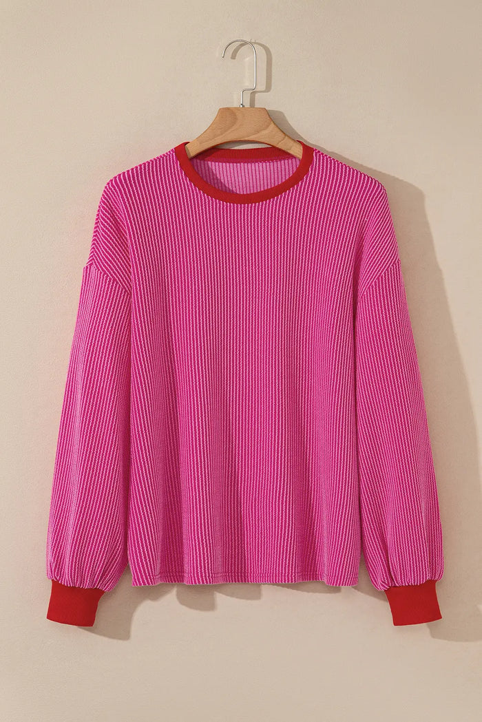 Corded Contrast Edge Drop Shoulder Long Sleeve Top – Bright Pink