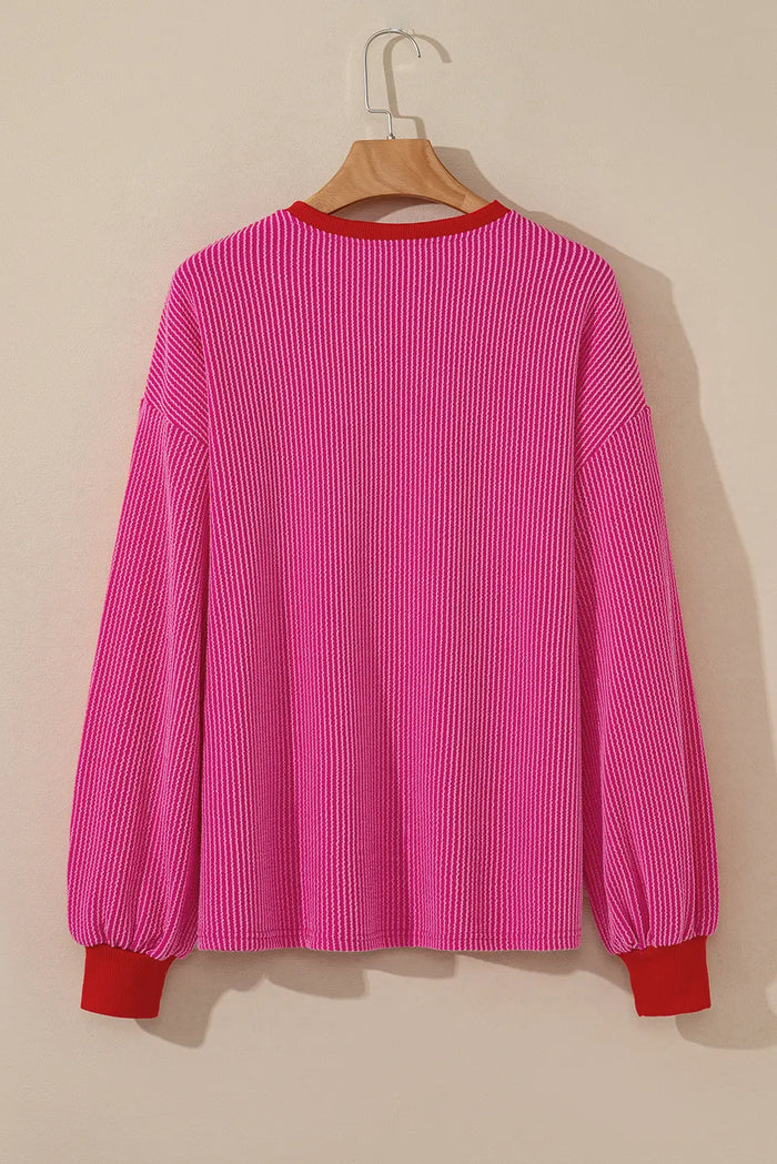 Corded Contrast Edge Drop Shoulder Long Sleeve Top – Bright Pink
