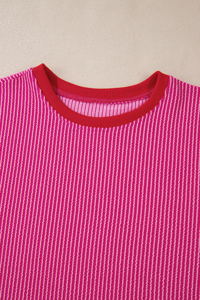 Corded Contrast Edge Drop Shoulder Long Sleeve Top – Bright Pink