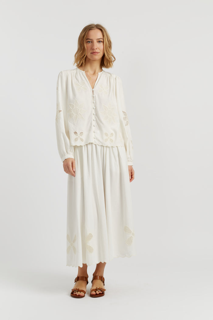 Cream  Linen-Blend Broderie Blouse