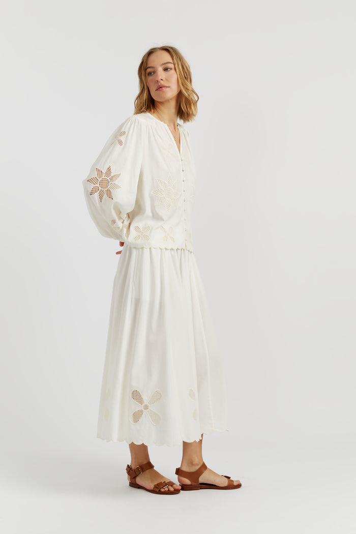Cream  Linen-Blend Broderie Blouse