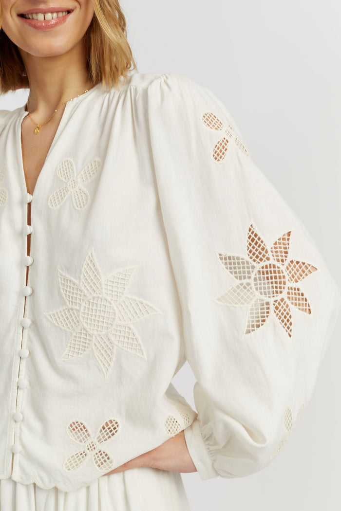 Cream  Linen-Blend Broderie Blouse