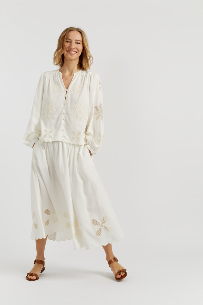 Cream Linen-Blend Broderie Skirt