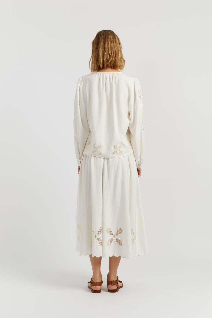 Cream Linen-Blend Broderie Skirt