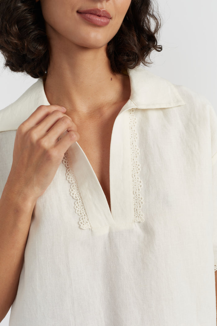 Cream Linen-Blend Scallop Tunic Dress