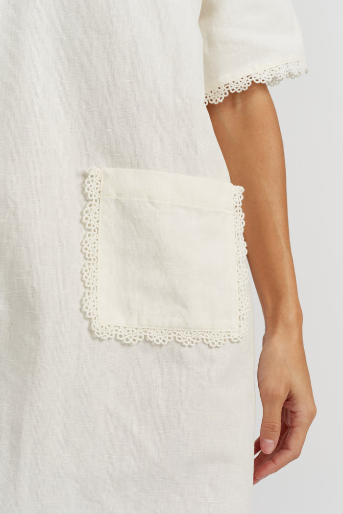 Cream Linen-Blend Scallop Tunic Dress