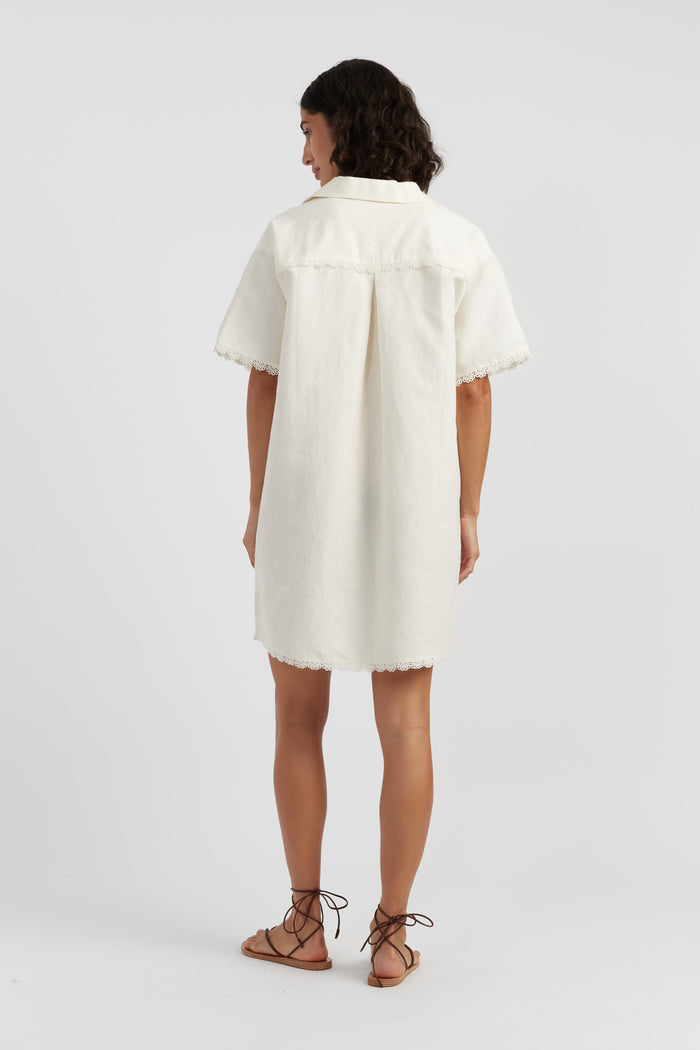 Cream Linen-Blend Scallop Tunic Dress