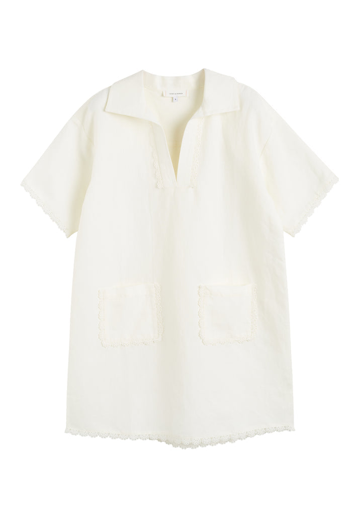 Cream Linen-Blend Scallop Tunic Dress
