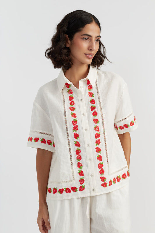 Cream Linen-Blend Strawberry Shirt