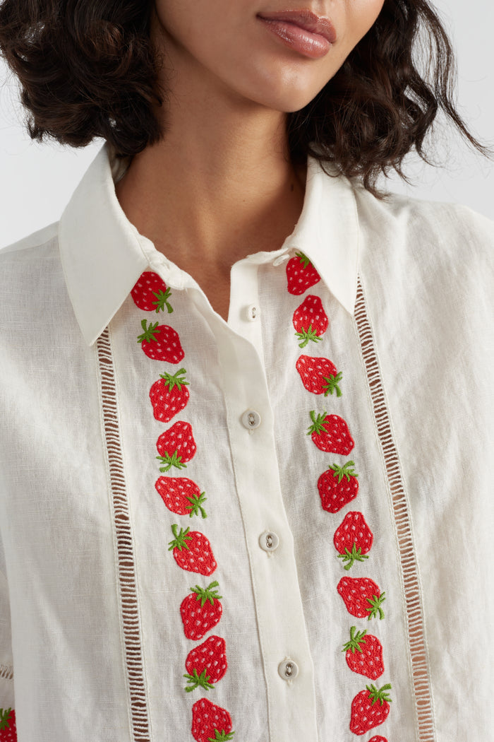 Cream Linen-Blend Strawberry Shirt