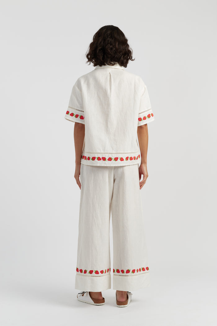 Cream Linen-Blend Strawberry Shirt