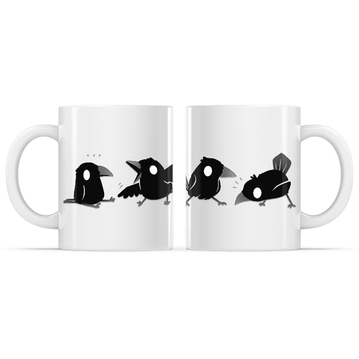 Ceramic Mug_TeeTurtle Crow Chatter white mug featuring a murder of crows in various poses.