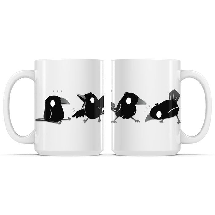Ceramic Mug_TeeTurtle Crow Chatter white mug featuring a murder of crows in various poses.