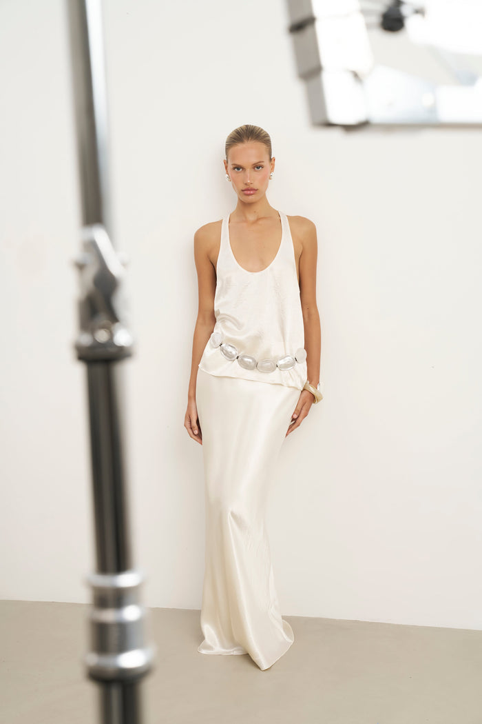 Crushed Satin Plunge U Neck Tank Top - Champagne