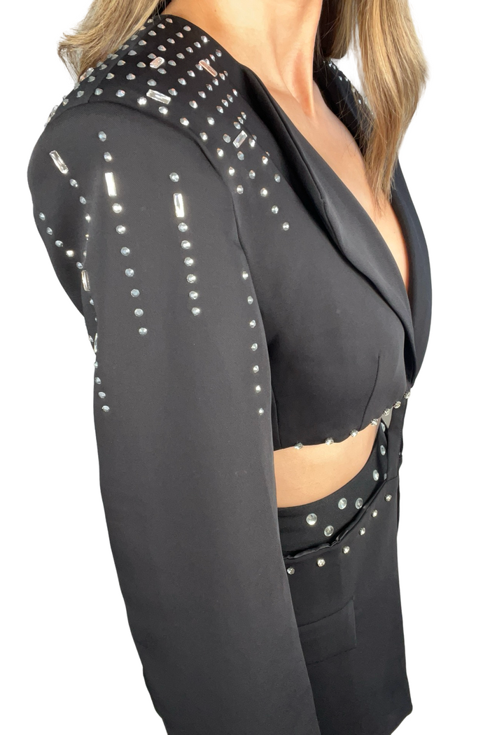 Style the Cutout Rhinestone Blazer Mini Dress exclusively at Born To Glam