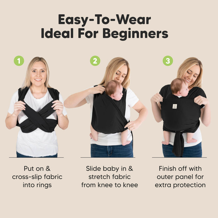 Easy-To-Wear Ideal For Beginners: 
1. Put on & cross-slip fabric into rings 2. Slide baby in & stretch fabric from knee to knee
3. Finish off with outer panel for extra protection
