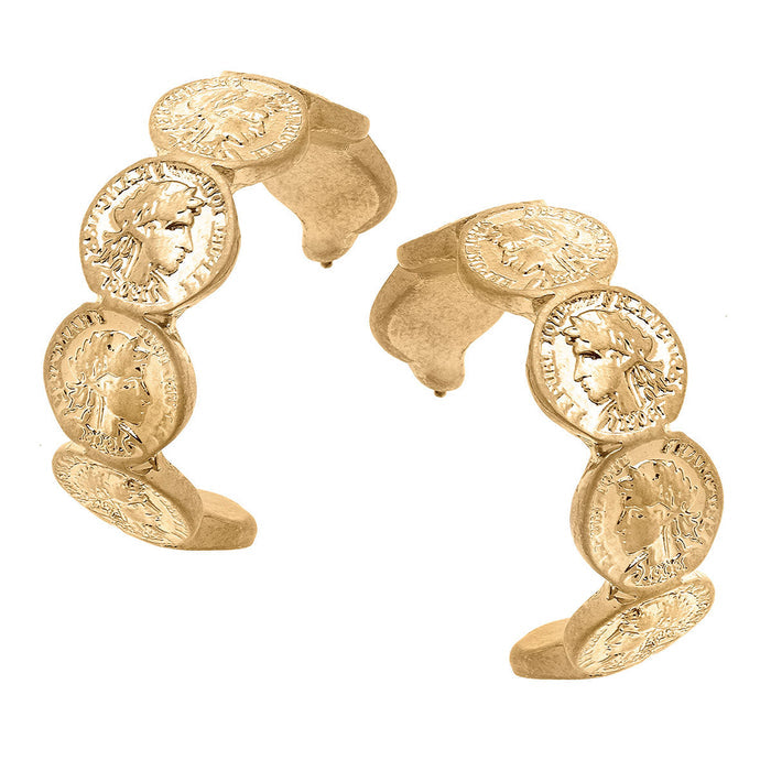 Flat view of the Darby Coin Hoop Earrings - Worn Gold