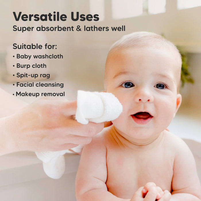 Versatile Uses: Super absorbent & lathers well, Suitable for baby washcloth, Burp cloth, Spit-up rag, Facial cleansing, Makeup removal