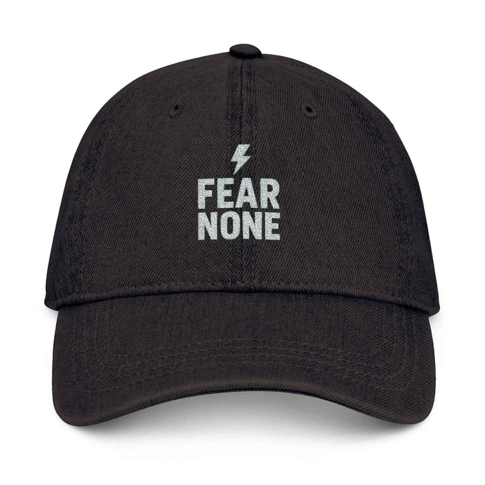 Fear None embroidered cap shown at a product angle, displaying denim construction, six-panel shape, and curved visor details.