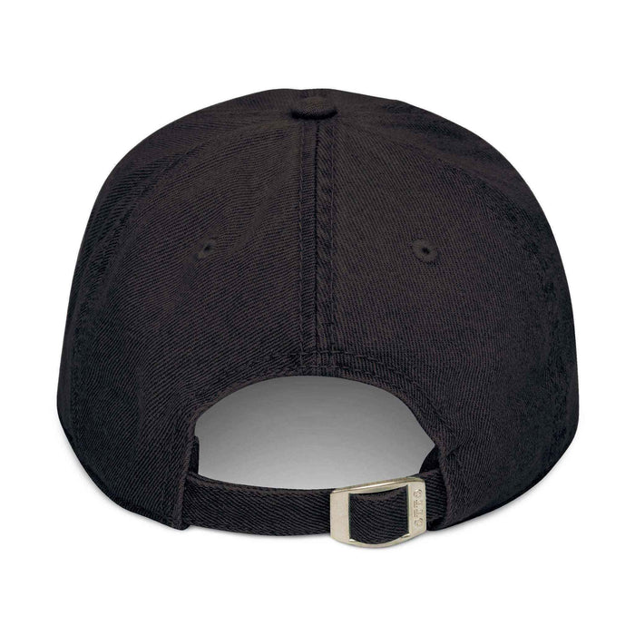 Close-up product image of Fear None embroidery on the cap, showing front stitched wording and surrounding denim construction.