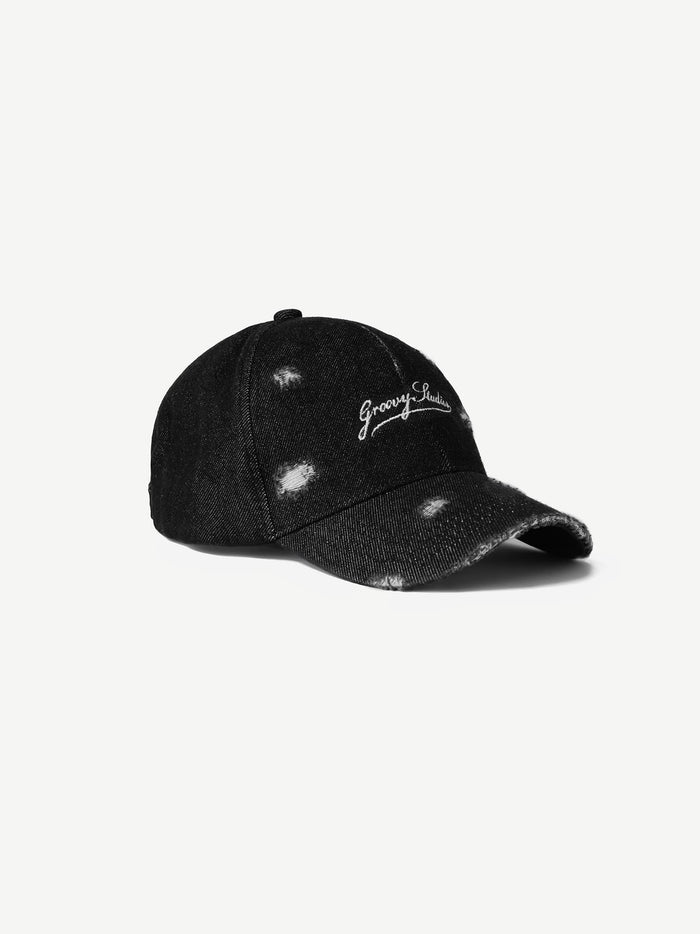 GROOVY Distressed Denim black cap, frayed distressed finish