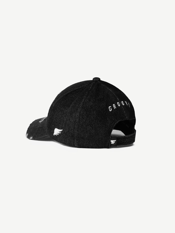 GROOVY Distressed Denim washed black cap, vintage rugged look, unisex