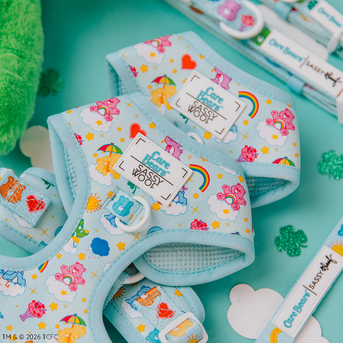 Three Sassy Woof Dog Adjustable Harnesses—Care Bears™ Care-a-Lot edition—are displayed with matching accessories on a light blue surface, perfect for your Puppy Growth Pawtection Plan.