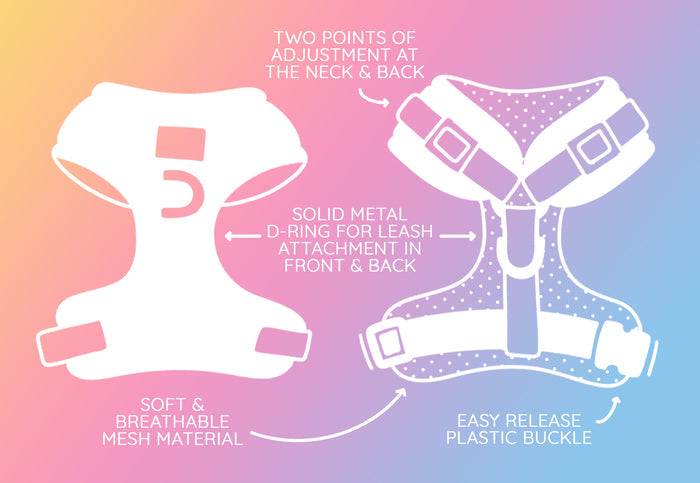Illustration of the Sassy Woof Harness Three Piece Bundle - Harry Potter™ Herbology, featuring soft breathable mesh, adjustable neck and back, sturdy metal D-ring, and easy-release buckle—perfect for magical adventures with your pup.