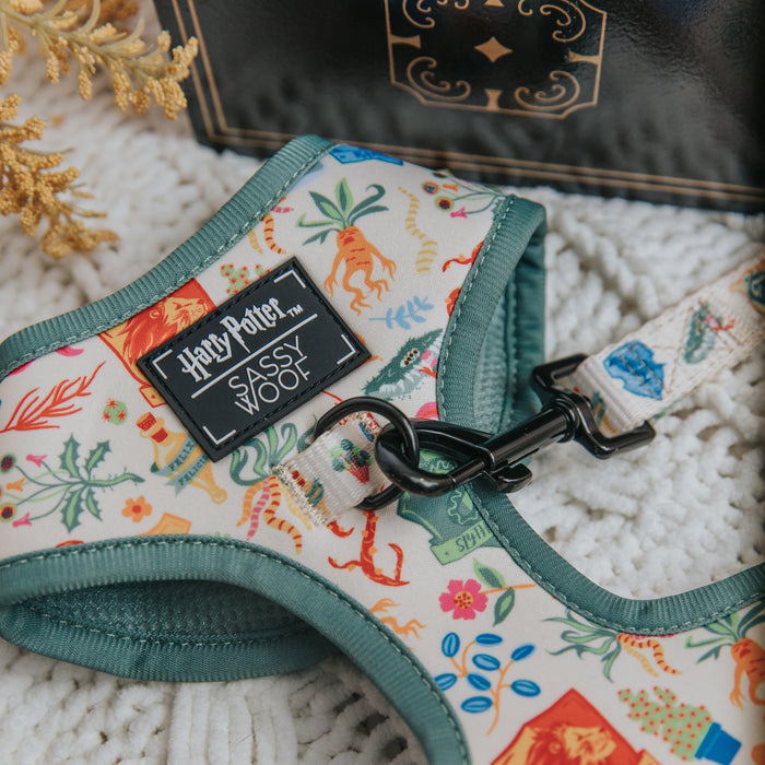 Close-up of the Sassy Woof Dog Adjustable Harness - Harry Potter™ Herbology, inspired by the wizarding world with magical creature illustrations, shown with a matching leash on a white textured surface and decorative items nearby.