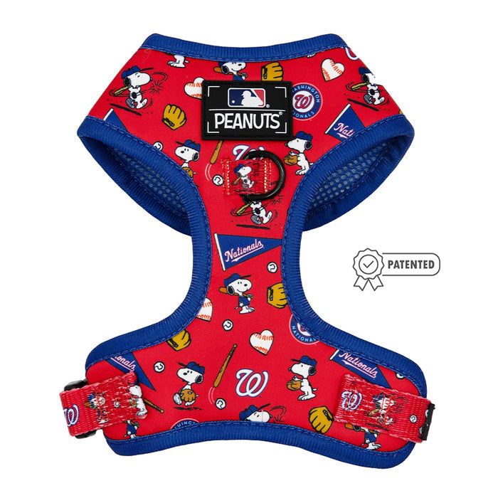 The Sassy Woof Harness Three Piece Bundle - MLB™ x Peanuts™ Washington Nationals™ features red and blue adjustable gear with Snoopy and baseball designs, Peanuts/MLB tags, a Patented badge, and the Puppy Growth Pawtection Plan.