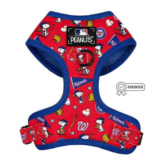 The Sassy Woof Harness Three Piece Bundle - MLB™ x Peanuts™ Washington Nationals™ features red and blue adjustable gear with Snoopy and baseball designs, Peanuts/MLB tags, a Patented badge, and the Puppy Growth Pawtection Plan.