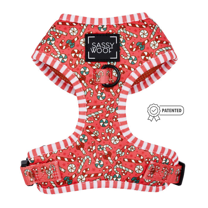 The Sassy Woof Dog Adjustable Harness - Puppermint Twist features red and white striped edges, candy cane and peppermint designs, a “Sassy Woof” label, and patented icon—perfect as a festive holiday harness for your pup.