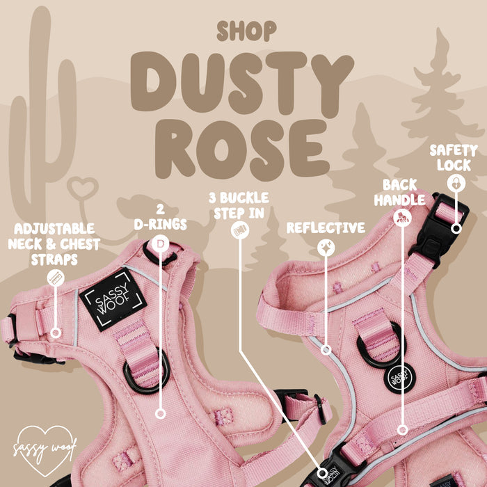 Dog Step-in Harness - Dusty Rose by Sassy Woof: features adjustable neck and chest straps, dual D-rings, reflective straps, AirTag pocket, 3 buckle step-in design, back handle, and safety lock. “Shop Dusty Rose” displayed above a desert background.