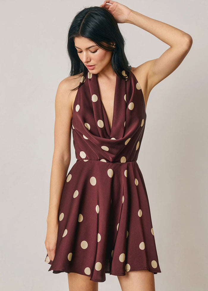 Dottie Polka Dot Halter Mini Dress - Plum Cream