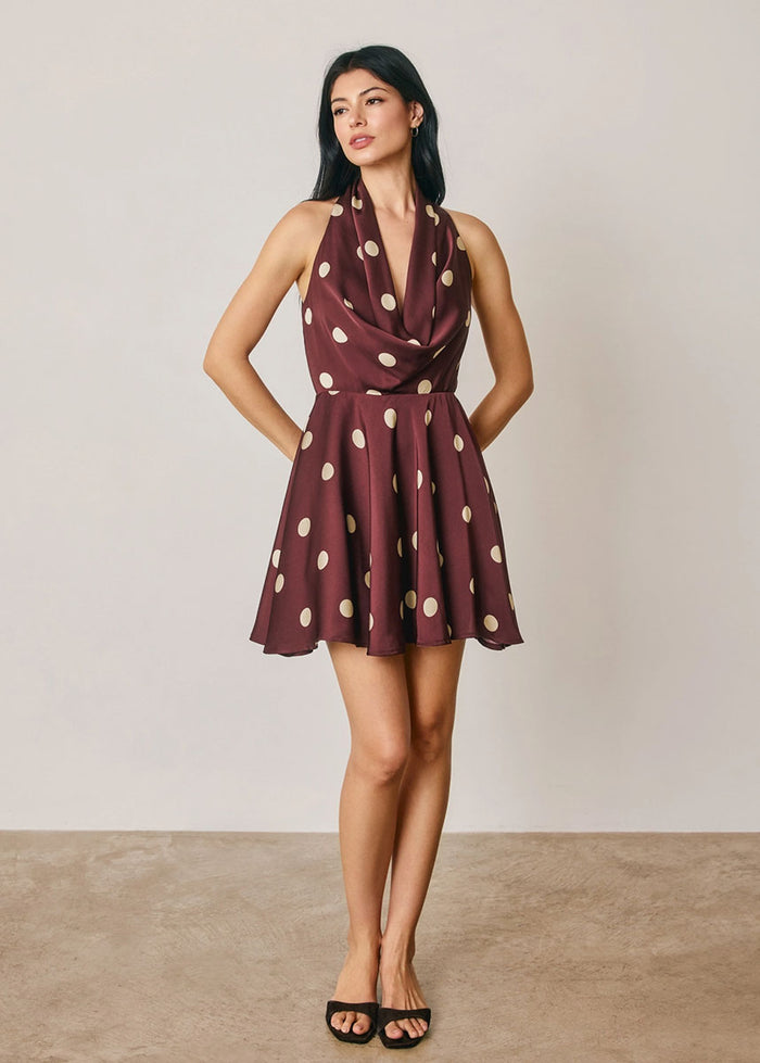 Dottie Polka Dot Halter Mini Dress - Plum Cream