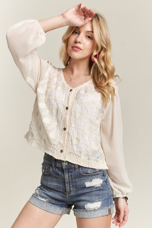 Dreamy Embroidered Sheer Sleeve Blouse-Beige-SMALL/MEDIUM-Cute-Trendy-Shop-Womens-Boutique-Clothing-Store