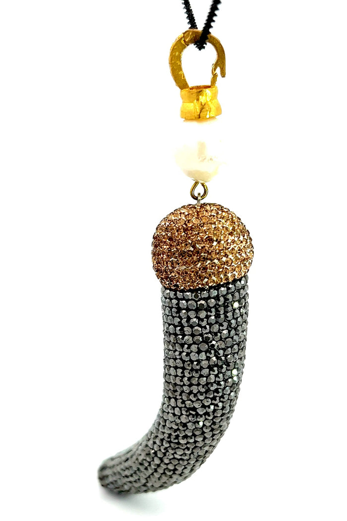 Style the Dual Tone Crystal Horn Pendant Long Necklace exclusively at Born To Glam