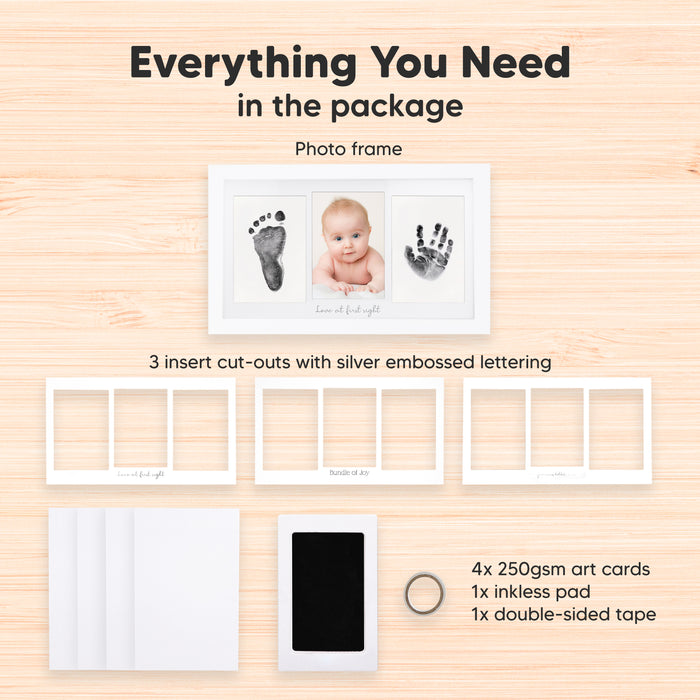 Everything You Need: Photo frame, 3 insert cut-outs with silver embossed lettering, 4x 250gsm art cards, 1x inkless pads, 1x double-sided tape