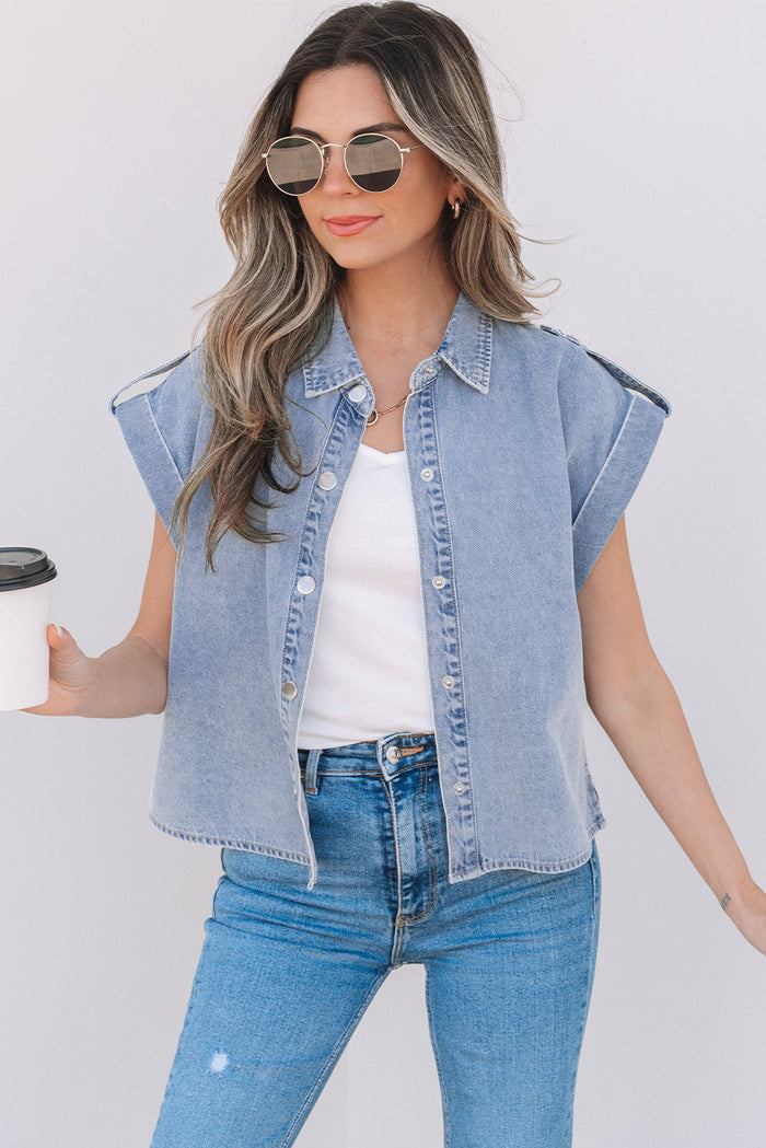 Dusk Blue Denim Pinup Folded Cap Sleeve Shirt - S / 82% Cotton + 10% Polyester + 8% Viscose - Tops/Blouses & Shirts