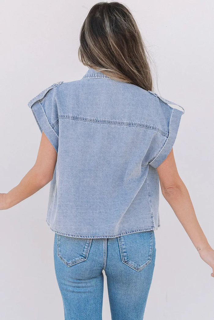 Dusk Blue Denim Pinup Folded Cap Sleeve Shirt - Tops/Blouses & Shirts
