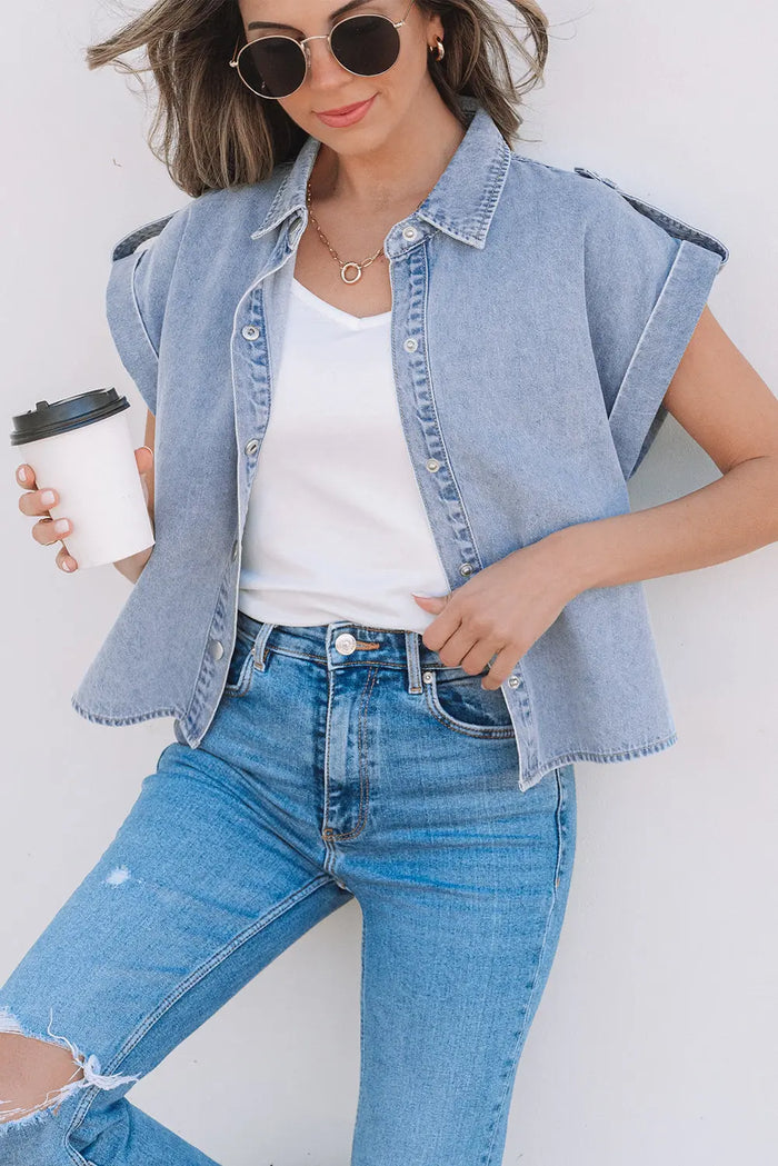 Dusk Blue Denim Pinup Folded Cap Sleeve Shirt - Tops/Blouses & Shirts