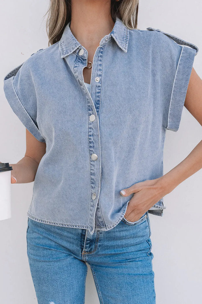 Dusk Blue Denim Pinup Folded Cap Sleeve Shirt - Tops/Blouses & Shirts